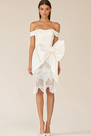 Off the Shoulder Lace Sheath White Graduation Dress with Bow